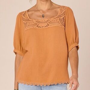 Democracy Above Elbow Bubble Sleeve Square Crochet Neck Woven Top Sz  XL